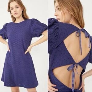 Nwt free people puff sleeve mini dress embroidered lace blue